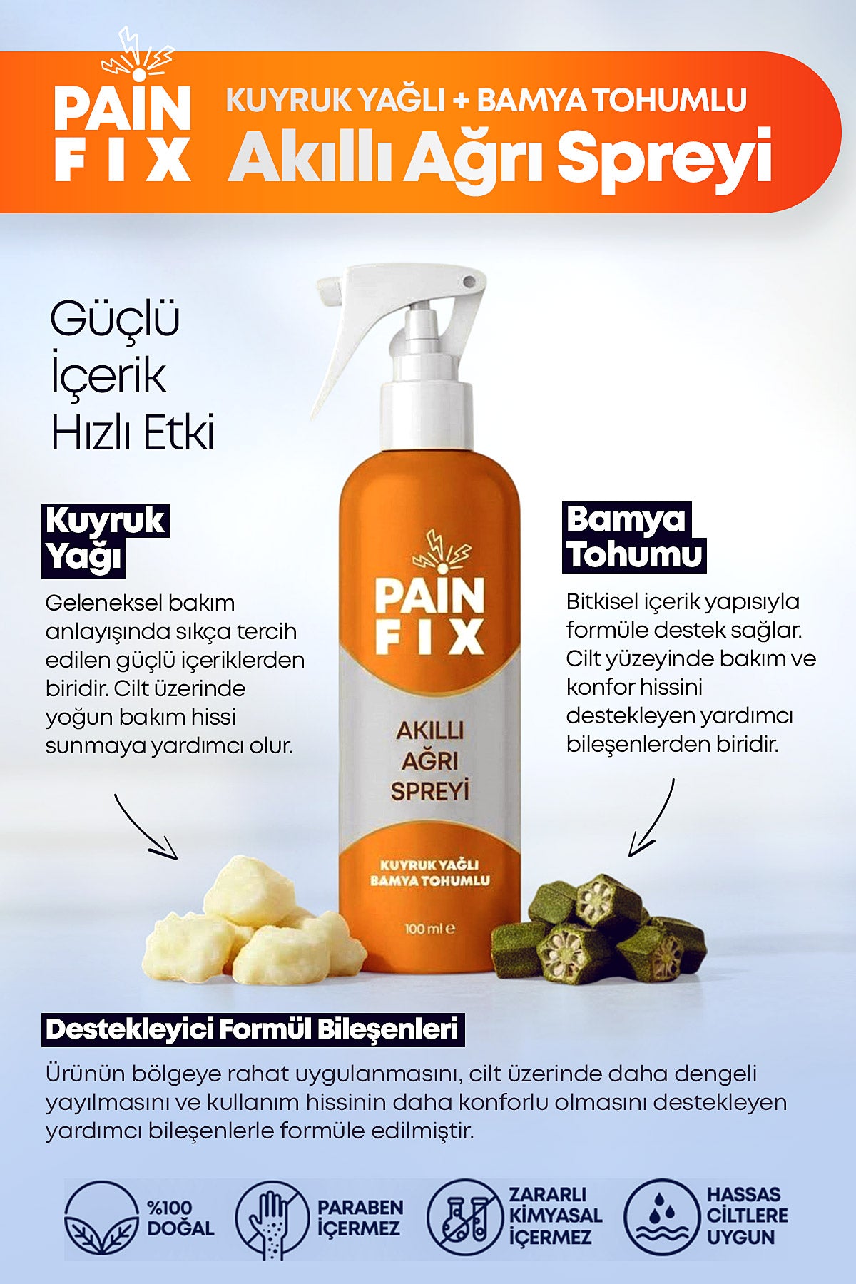 PAIN FIX Kuyruk Yağlı +Bamya Tohumlu Akıllı Ağrı Spreyi 100Ml