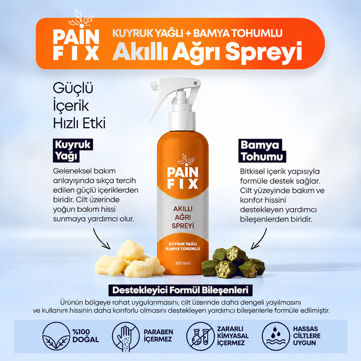 PAIN FIX Kuyruk Yağlı +Bamya Tohumlu Akıllı Ağrı Spreyi 100Ml